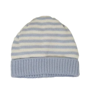 CAPPELLO NEONATO 100% LANA fasciato cielo-bianco