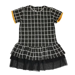 VESTITO BAMBINA A QUADRONI CON BORDI SENAPE SU MANICHE