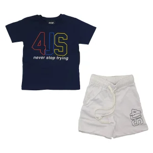 Completo bambino Paciotti con maglia blu con stampa logo e bermuda bianca