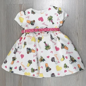 Vestito neonata con fantasia cuori e fiori con cintura
