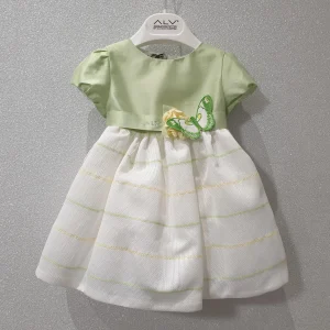 Vestito bambina tema verde con gonna a contrasto