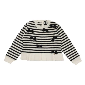 Pullover bambina fasciato 2 colori con fiocchetti applicati