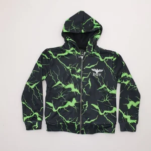 Felpa bambino con cappuccio nera con stampa verde elettrico