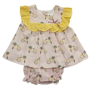 Vestito bambina rigata con stampa biciclette con fiori