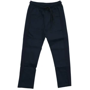 Pantalone blu in raso con bandina tono su tono