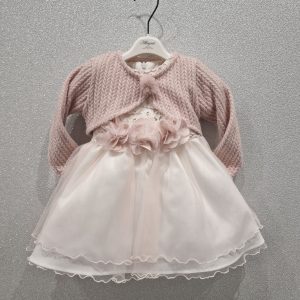 Vestito bambina in pizzo cipria con scarpe e coprispalle