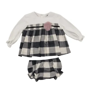 Vestito bambina quadroni grigio bianco con pon pon