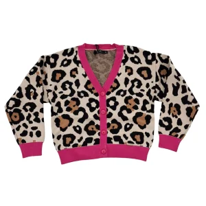 Cardigan bambina maculato con bordo fuxia