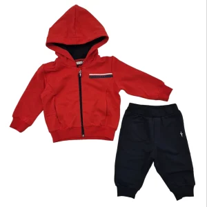 Tuta neonato felpata zip rossa con cappuccio