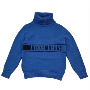 Pullover a dolcevita bambino azzurro con logo bikkembergs centrale