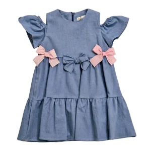 Vestito tessuto effetto jeans con 3 fiocchi applicati