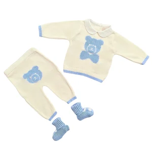 Completo neonato 100% cotone celeste con orsetto comprese babbucce