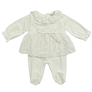 Tutina primaverile bambina in cotone con pois argento e fiocco centrale