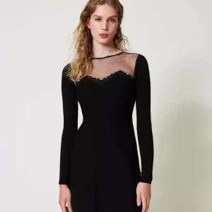 Abito corto in maglia con tulle e ricamo