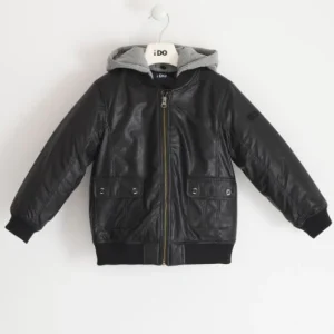 Giubbotto bambino in ecopelle con cappuccio in felpa