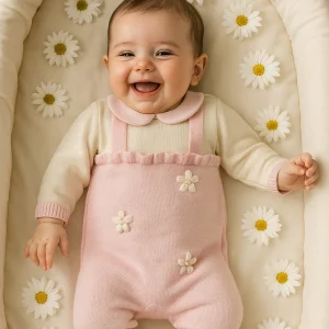 Tutina neonata 100% lana con bretelle e rose applicate