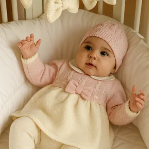 Completo neonata 100% lana con bicolore e trecce