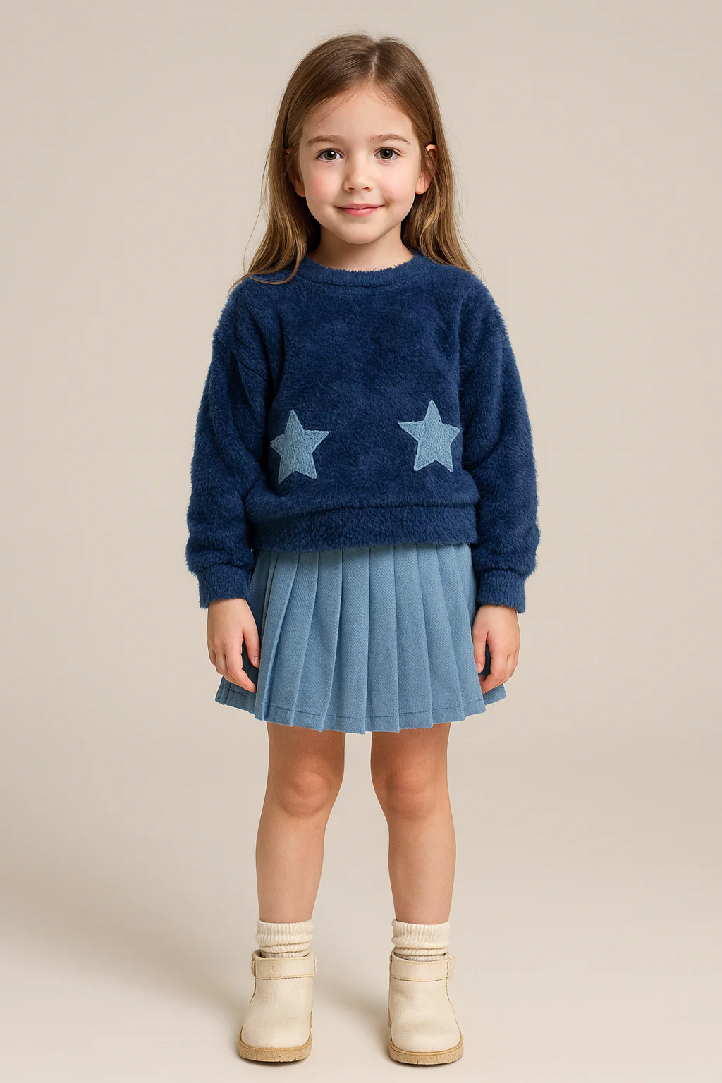 Completo bambina con pullover stelle e gonna a pieghe - immagine 2