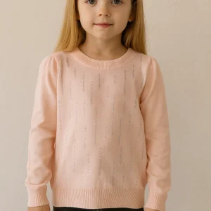 Pullover bambina in filo con strass rosa